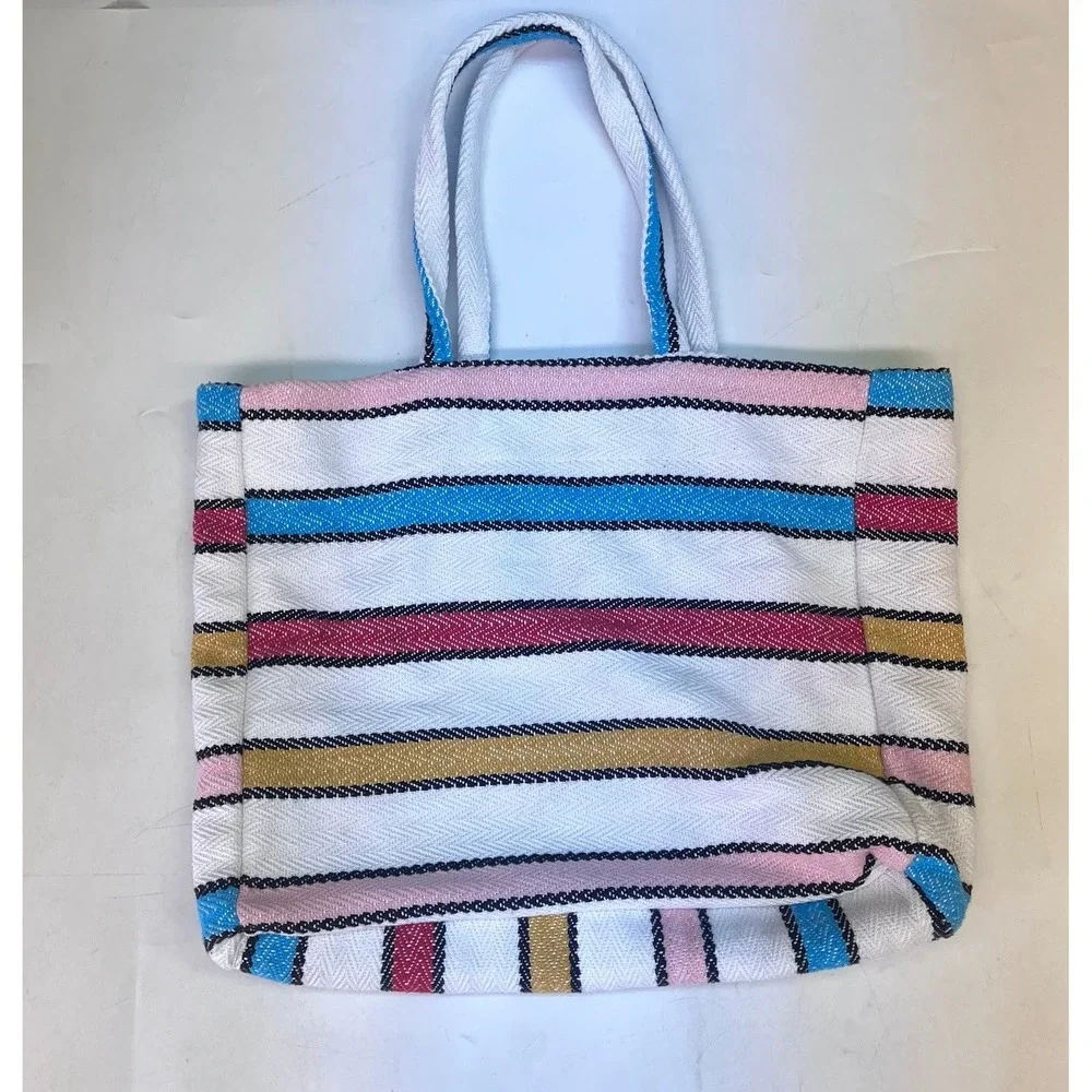 Senor Lopez Woven Striped Tote Bag White Blue Pink Cotton Blend Made in Mexico